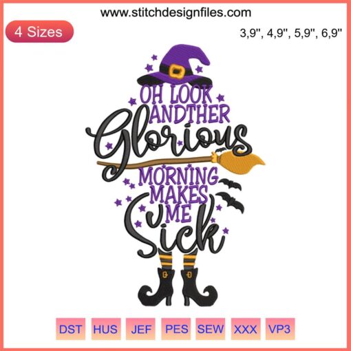Disney Halloween embroidery "Oh Look Another Glorious Morning" design featuring witch-themed machine embroidery.