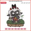 Cult Of The Lamb embroidery design, "Stop Tasks Eat Grass," features humorous video game theme in bold text and graphic style.