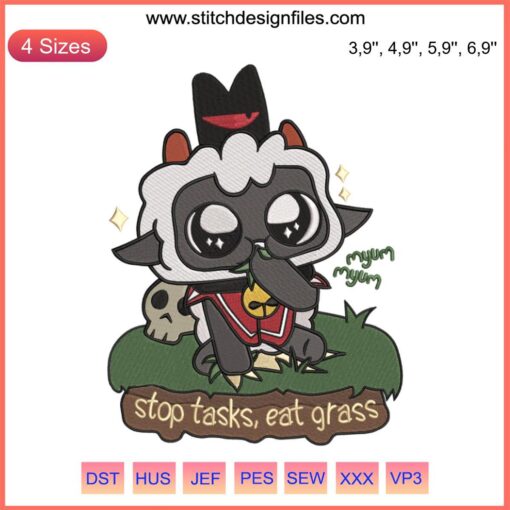 Cult Of The Lamb embroidery design, "Stop Tasks Eat Grass," features humorous video game theme in bold text and graphic style.
