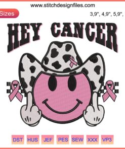 "Groovy smiley face embroidery design for Breast Cancer Awareness | Hey Cancer Cowboy style digital file download"