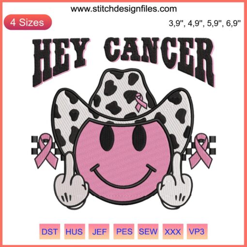 "Groovy smiley face embroidery design for Breast Cancer Awareness | Hey Cancer Cowboy style digital file download"