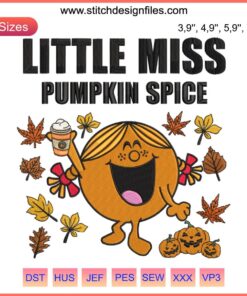 Smiling Little Miss Pumpkin Spice Design for Thanksgiving Halloween Embroidery, featuring a cheerful pumpkin character with autumn motifs.