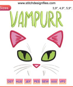Vampurr Vampire Cat embroidered Halloween costume for women and girls, featuring a whimsical cat design on black fabric.