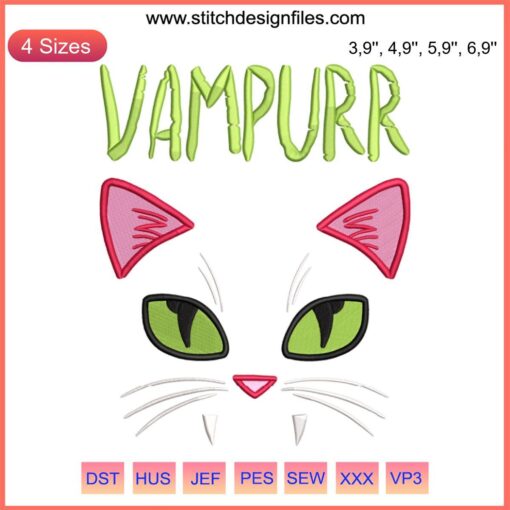 Vampurr Vampire Cat embroidered Halloween costume for women and girls, featuring a whimsical cat design on black fabric.