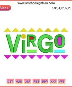 90s-style Virgo Zodiac embroidery design, colorful celestial motifs, perfect birthday gift for astrology enthusiasts.