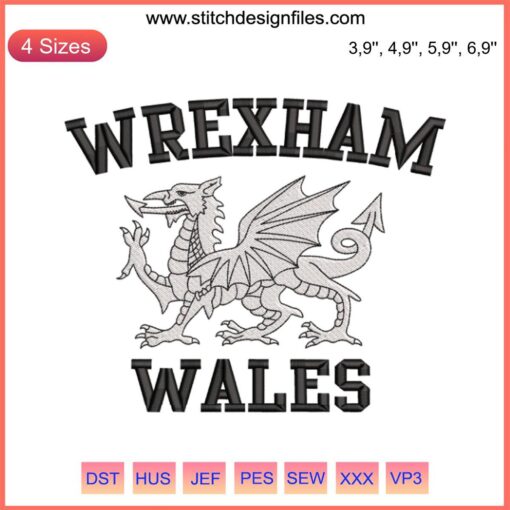 Wrexham Wales Football Embroidery Design: Soccer Dragon, Welsh Gifts, Green-Red Stitch on White Fabric, Sports Fan Accessory