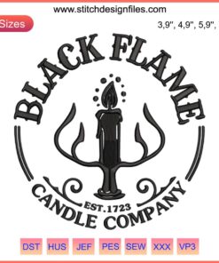 Black Flame Candle Embroidery Design: Hocus Pocus Witch Halloween, intricate orange flame, spooky festive decor element.