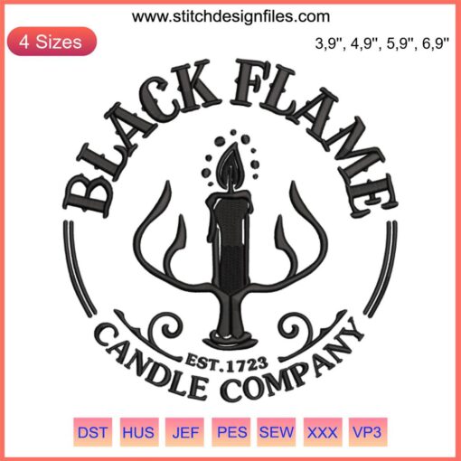 Black Flame Candle Embroidery Design: Hocus Pocus Witch Halloween, intricate orange flame, spooky festive decor element.