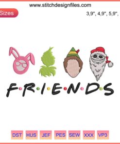 Friends Christmas Movie Characters Embroidery Design featuring iconic holiday-themed faces, perfect for festive crafts and gifts.