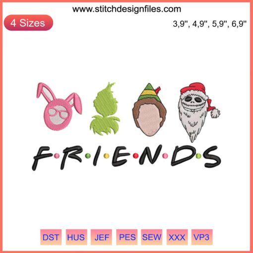 Friends Christmas Movie Characters Embroidery Design featuring iconic holiday-themed faces, perfect for festive crafts and gifts.