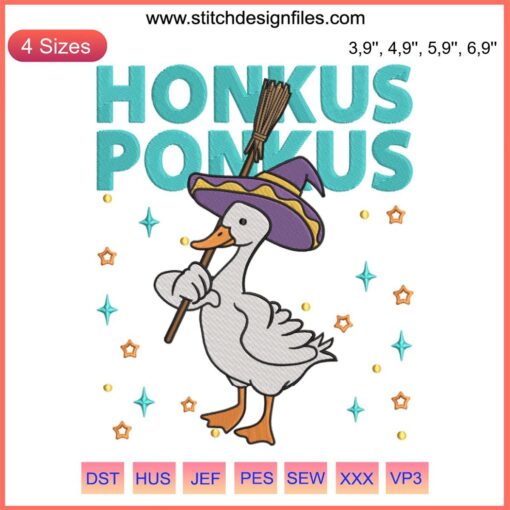 Honkus Ponkus Duck Witch Embroidery: Humorous Halloween Design with Duck in Witch Hat Perfect for Seasonal Stitching Projects.