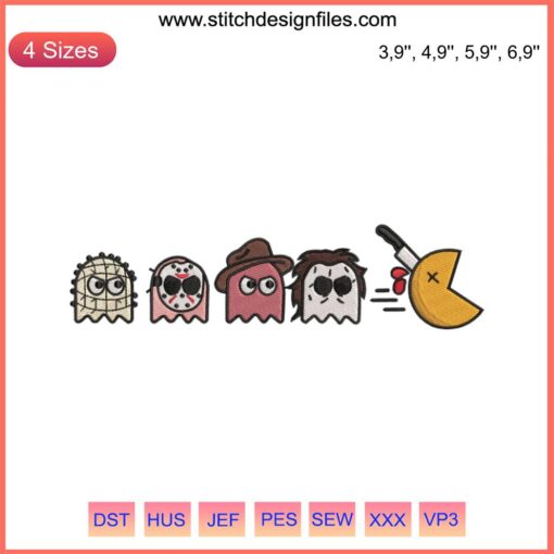 Chibi horror characters in Pacman game style, embroidery design featuring vampires, ghosts, zombies. Perfect for Halloween crafting.