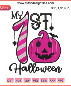 Cute "My First Halloween" embroidery design featuring an adorable smiling pumpkin, perfect for kids' festive apparel.