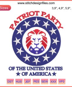 Conservative Lion Patriotic Embroidery Design featuring a fierce lion with American flag details for Patriot Party USA enthusiasts.