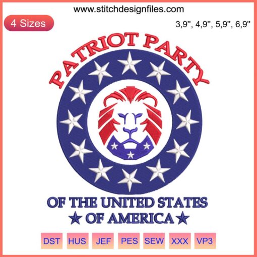 Conservative Lion Patriotic Embroidery Design featuring a fierce lion with American flag details for Patriot Party USA enthusiasts.