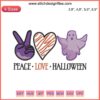 Embroidered design featuring "Peace Love Halloween" with a funny ghost and boo text; festive embroidery for Halloween.