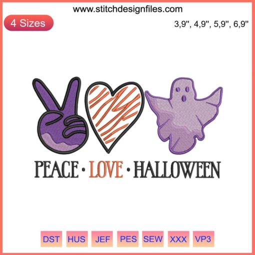 Embroidered design featuring "Peace Love Halloween" with a funny ghost and boo text; festive embroidery for Halloween.