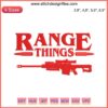 Stranger Things-inspired gun embroidery: Retro-style, humorous design on fabric with bold lettering for fans.