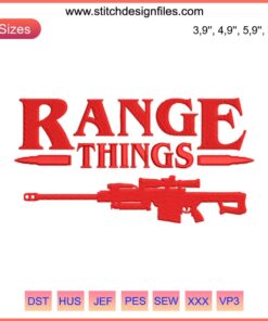 Stranger Things-inspired gun embroidery: Retro-style, humorous design on fabric with bold lettering for fans.