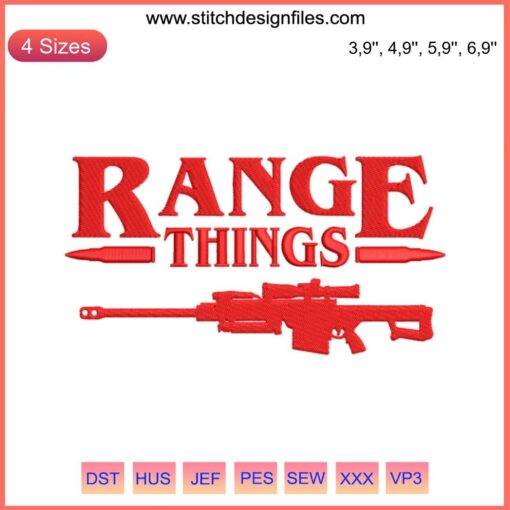 Stranger Things-inspired gun embroidery: Retro-style, humorous design on fabric with bold lettering for fans.