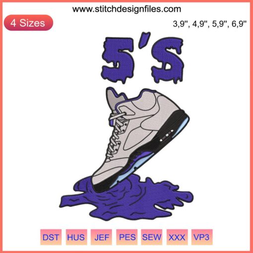 Jordan 5 Retro Embroidery digital file featuring sneakers with vibrant dripping design, ideal for sneaker enthusiasts and designers.