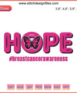 Pink butterfly embroidery design for Breast Cancer Awareness; Hope message gift for Awareness Month.