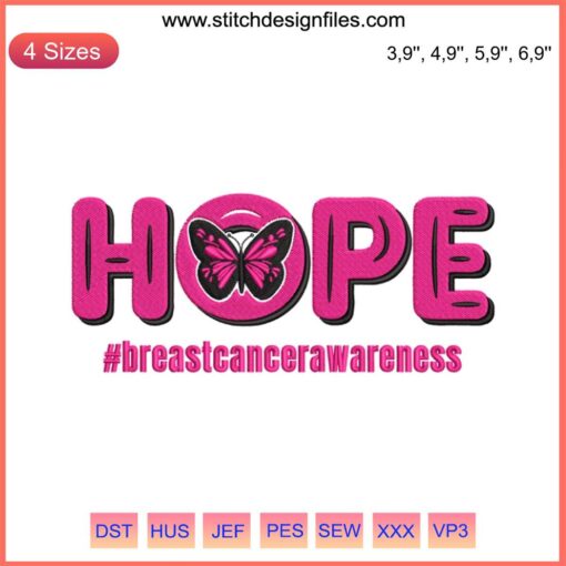 Pink butterfly embroidery design for Breast Cancer Awareness; Hope message gift for Awareness Month.