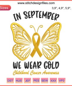 Gold embroidered Childhood Cancer Awareness design on September Wear, symbolizing support and awareness, with intricate patterns.