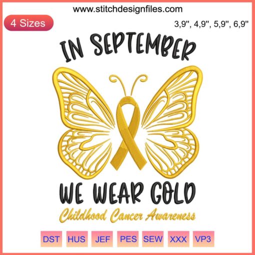 Gold embroidered Childhood Cancer Awareness design on September Wear, symbolizing support and awareness, with intricate patterns.