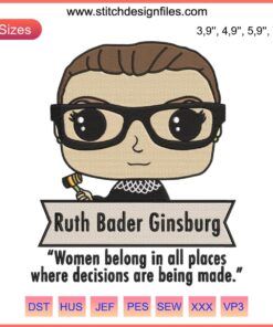Ruth Bader Ginsburg Chibi Embroidery Design File, Feminist, Independent, Machine Stitch, Cute RBG Character Art