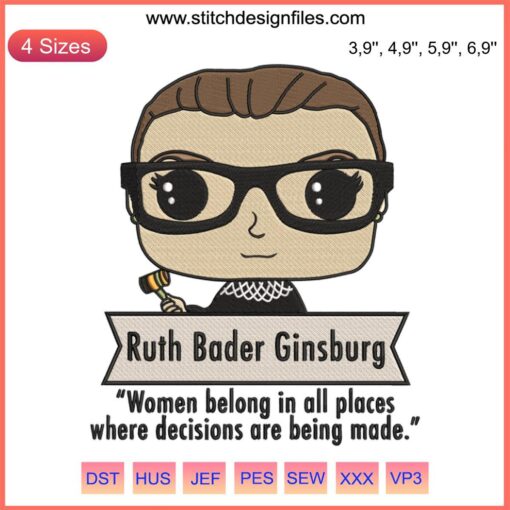 Ruth Bader Ginsburg Chibi Embroidery Design File, Feminist, Independent, Machine Stitch, Cute RBG Character Art