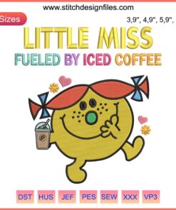 Little Miss Fueled By Iced Coffee Embroidery featuring cute animated character design, charming coffee-inspired decoration.
