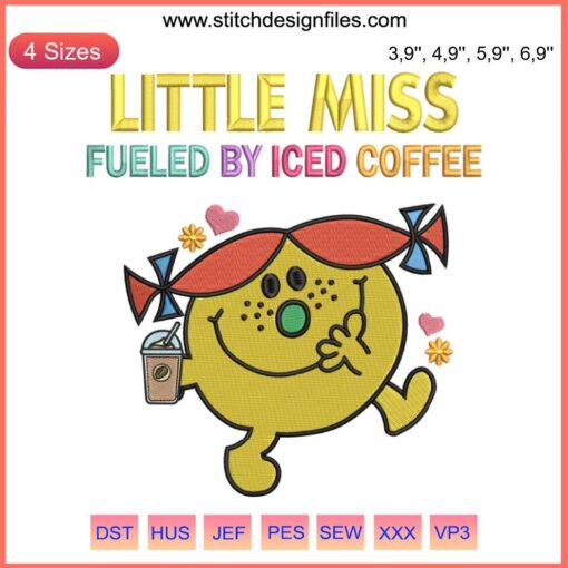 Little Miss Fueled By Iced Coffee Embroidery featuring cute animated character design, charming coffee-inspired decoration.