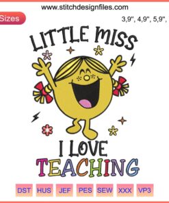Little Miss I Love Teaching Halloween Embroidery | Kids Teacher Gift Design with cute pumpkins and spooky elements.