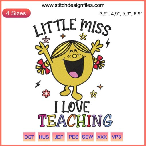 Little Miss I Love Teaching Halloween Embroidery | Kids Teacher Gift Design with cute pumpkins and spooky elements.