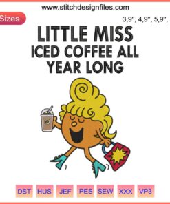 Little Miss Coffee Embroidery: Thanksgiving Halloween Costume Design, Machine File, Festive Character Embroidery Pattern.