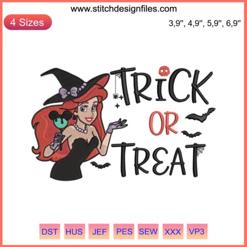 Disney Ariel Mermaid Witch Halloween Embroidery Design - Trick or Treat | Machine Embroidery Pattern