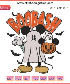 Disney Mickey Boo Bash embroidery with mouse, ghost, pumpkin, and bat; perfect for spooky Halloween designs.