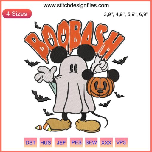 Disney Mickey Boo Bash embroidery with mouse, ghost, pumpkin, and bat; perfect for spooky Halloween designs.
