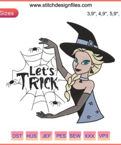 Elsa Witch Embroidery Design: Frozen Princess in Witch Costume for Halloween, Disney Machine File, Trick-or-Treat Theme