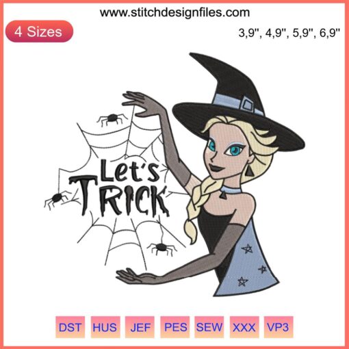 Elsa Witch Embroidery Design: Frozen Princess in Witch Costume for Halloween, Disney Machine File, Trick-or-Treat Theme