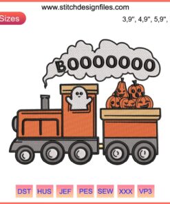 Kids Halloween Pumpkin Train Embroidery Design - Cute Boo Ghosts, Train, Boys Machine Stitch, Halloween Fun, DIY Pattern.