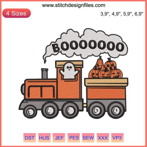 Kids Halloween Pumpkin Train Embroidery Design - Cute Boo Ghosts, Train, Boys Machine Stitch, Halloween Fun, DIY Pattern.