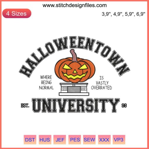 Happy Halloweentown University Embroidery: Ghost & Pumpkin Design, Halloween Machine Embroidery, Est. 1998, Festive Patterns.