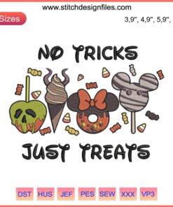 Disney Halloween Embroidery: No Tricks Just Treats, Snack Goals, Spooky Design featuring iconic treats and ghostly elements.