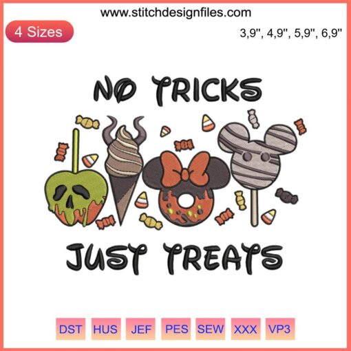 Disney Halloween Embroidery: No Tricks Just Treats, Snack Goals, Spooky Design featuring iconic treats and ghostly elements.