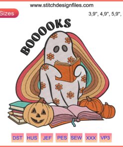 Vintage Hippie Retro Halloween Embroidery Design: Boo Ghost Reading Books, Festive Autumn Décor Stitching Pattern.