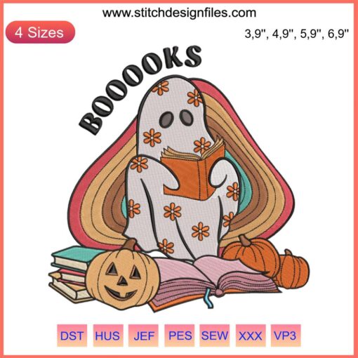 Vintage Hippie Retro Halloween Embroidery Design: Boo Ghost Reading Books, Festive Autumn Décor Stitching Pattern.