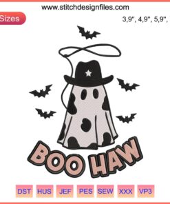 Western cowboy ghost embroidery design with "Boo Haw" text, perfect for Halloween crafting. Downloadable design file.