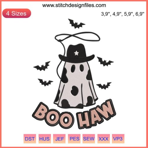 Western cowboy ghost embroidery design with "Boo Haw" text, perfect for Halloween crafting. Downloadable design file.